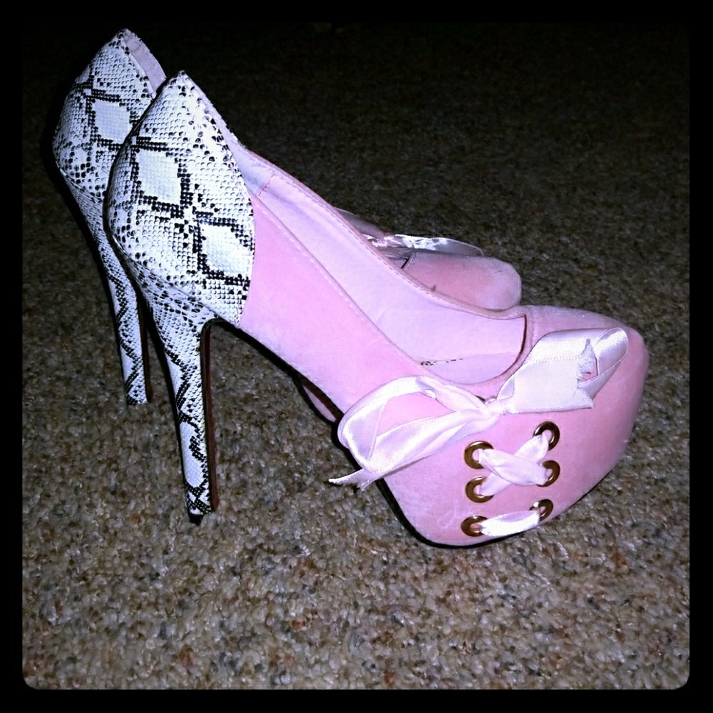 Pink suede 5in heels with faux snake heels
